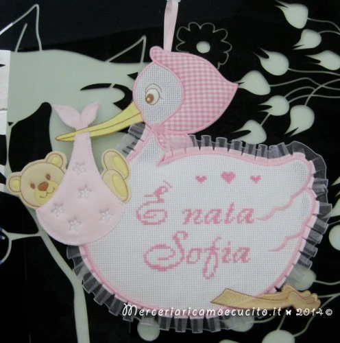Fiocco nascita cicogna rosa “E’ nata Sofia”